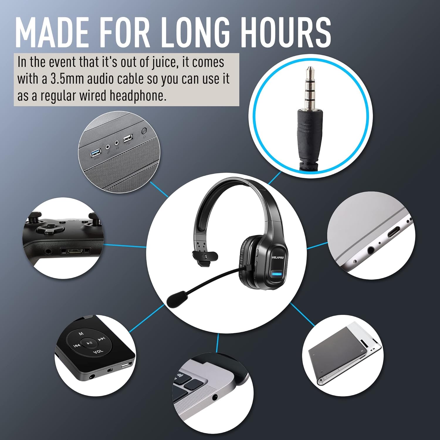 VELKPRO Wireless Headset with Microphone - Comfortable Single-Ear Headphone with Adjustable Headband, Noise Isolation Mic - Communication Accessories for Truck Drivers, Home Office, Call Center Work