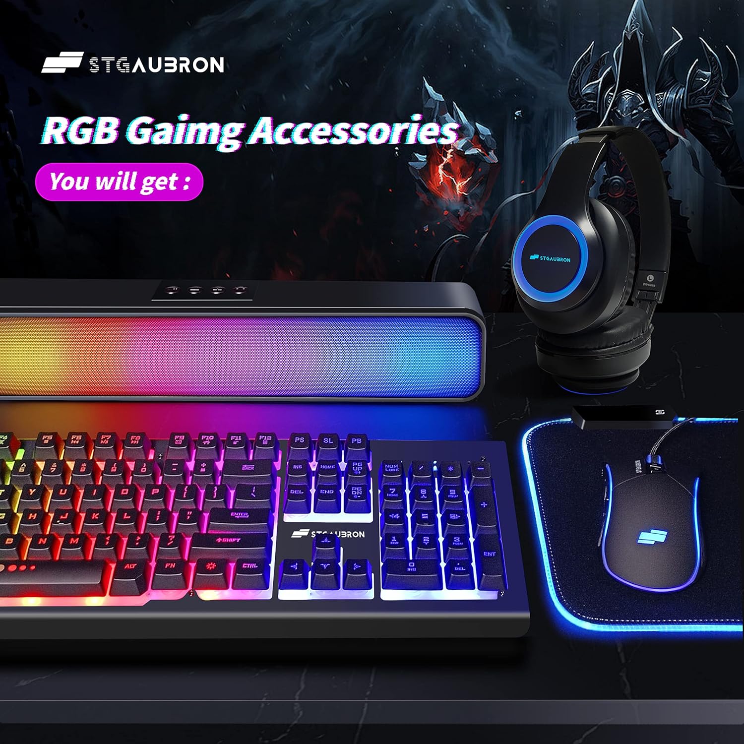 STGAubron Gaming Desktop PC,GeForce RTX 3060 12G GDDR6,Intel Core i7-10700KF up to 5.1G,16G DDR4,1T SSD,WiFi,BT 5.0,RGB Fan x 7,RGB Keyboard&Mouse&Mouse Pad,RGB BT Sound Bar,RGB BT Gaming Mic,W11H64