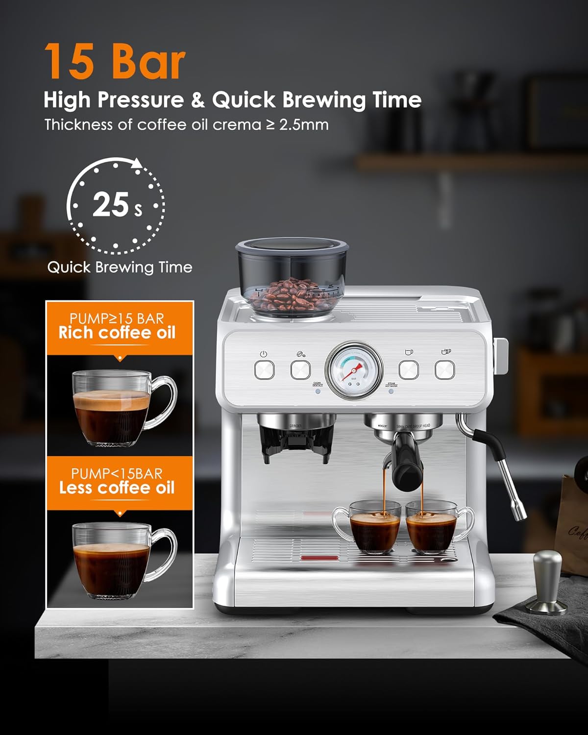 Joy Pebble Espresso Machine,15 Bar Professional Espresso Maker with Coffee Bean Grinder Milk Frother,Coffee Machine for Espresso/Cappuccino/Latte,Single & Double Cup,Stainless Steel