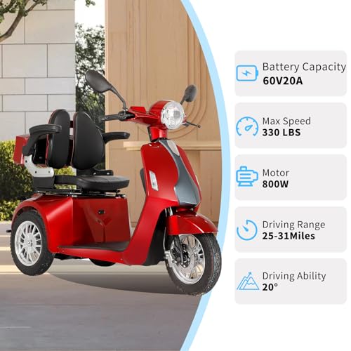 Heavy Duty 3 Wheel Scooter for Adults,All Terrain Mobility Scooter 500lbs Capacity,800W Powered Mobility Scooters Handicap Mobility Scooter for Travel with Full Set Lights (Red-AFD3L)