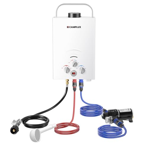 CAMPLUX 2.64 GPM Propane Portable Gas Water Heater, 68,000 BTU Outdoor Tankless Camping Water Heater with Digital Display, White