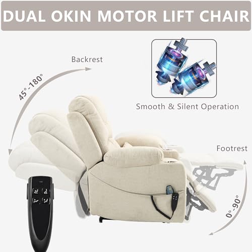 Power Lift Chair Lay Flat Recliner Infinite Position Electric Dual Motor Stand Up Lift Chair with Massage and Heat for Adults,Heavy Duty Recliners with 2 Remote Controls and Two Cup Holders