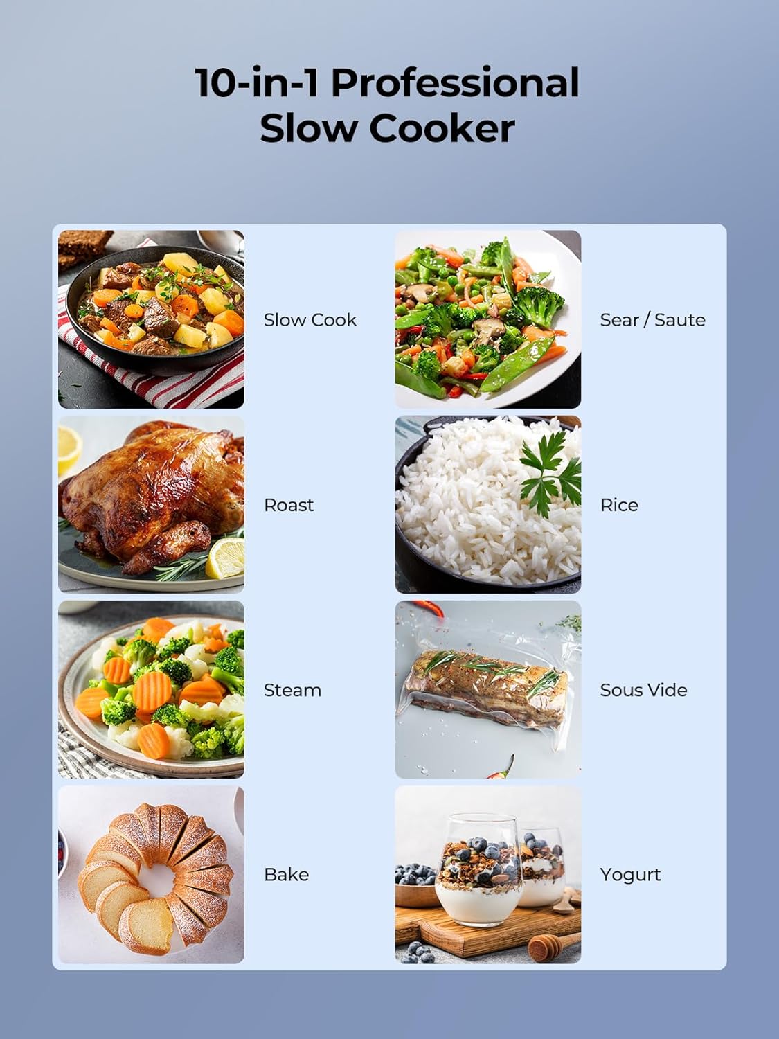 10-in-1 Programmable Slow Cooker 6 Quart with Stainless Steel Pot, Glass Lid, Steaming Rack, and LED Display