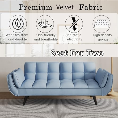74" Modern Velvet Convertible Sleeper Folding Futon Couch Sofa Bed Adjustable Backrest Memory Foam Couch Double Loveseat Sofa for Compact Living Space,Dorm,Game Studio, Apartment, Bedroom (Black)