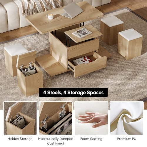 homary Black Lift-Top Coffee Table with Hidden Storage, 3-in-1 Modern Folding Center Table with 4 Stools, Casters, and Lockable Wheels – Convertible Dining & Office Table for Living Room