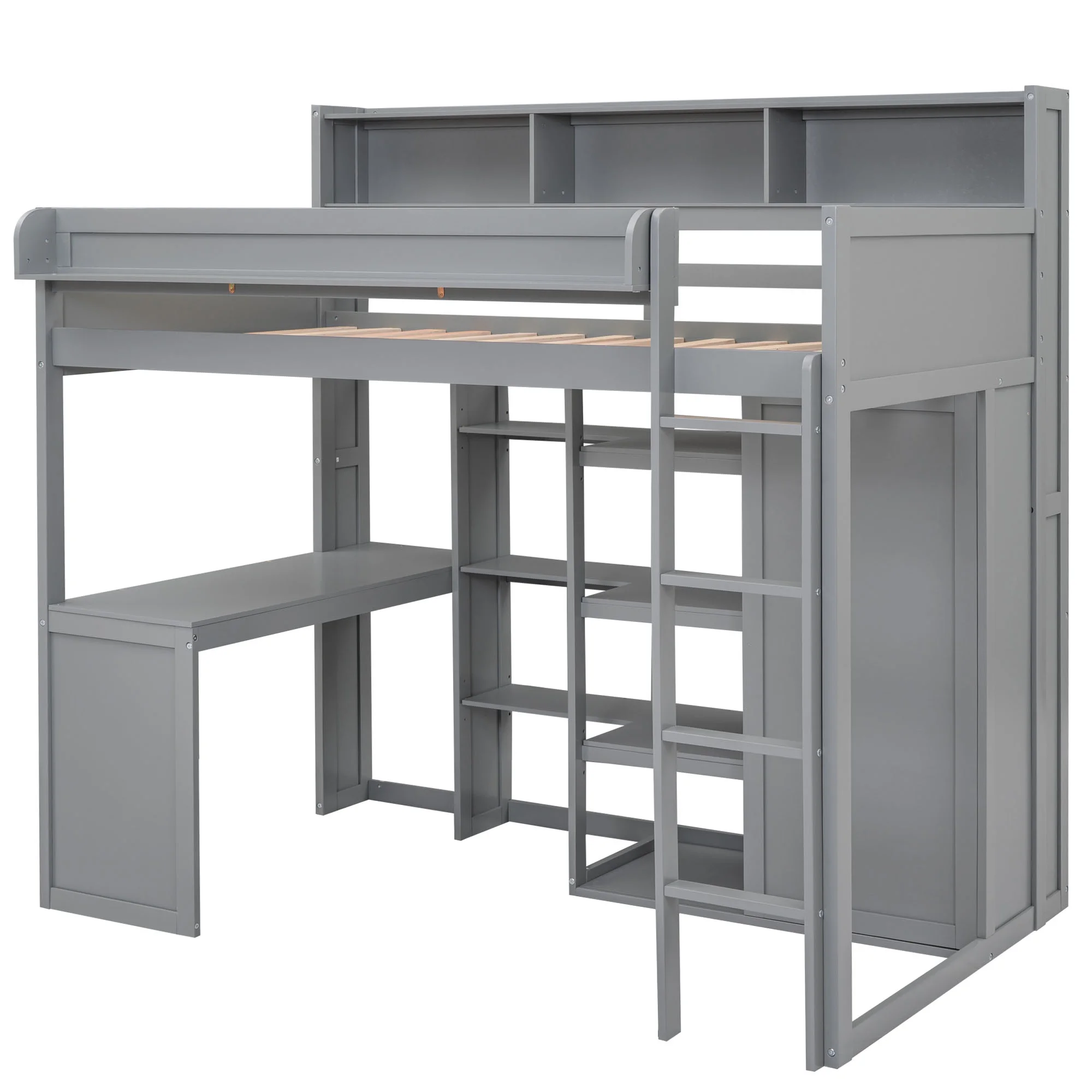 Euroco Pine Wood Twin Size Loft Bed with Desk, Wardrobe with Clothes Hanger and Display Shelves for Kids Bedroom, Gray