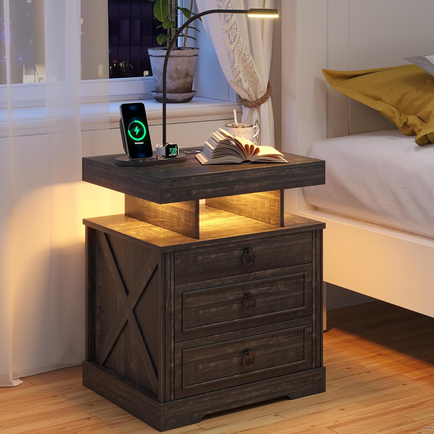 HNEBC Nightstand Side Table with Gun Case,Night Stand with Wireless Charging Station, Farmhouse Bedside Table with 2 Drawers, End Table with Bedside Lamp for Living Room/Bedroom, Rustic Brown