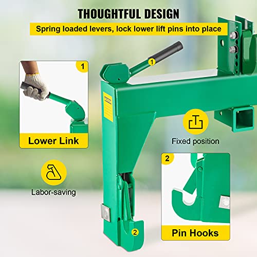 VEVOR 3-Point Quick Hitch, 3000 LBS Lifting Capacity Tractor Quick Hitch, 28.31" Between Lower Arms Attachments Quick Hitch, 5 Level Adjustable Bolt, Adaptation to Category 1 & 2 Tractor,Green