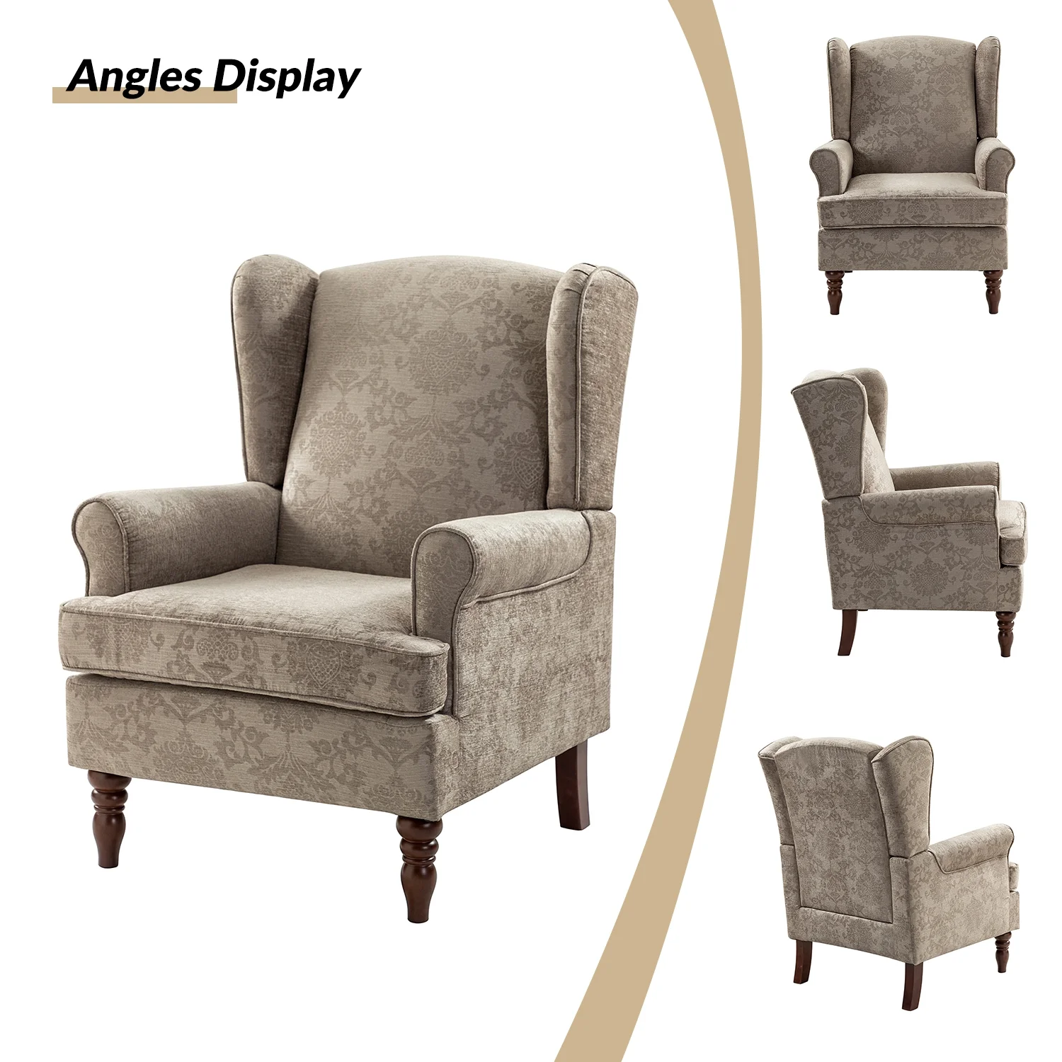 Wooden Upholstered Armchair Set of 2, with Wingback Lounge Sofa Accent Chair Turned Legs for Home Living Room & Bedroom, Brocade