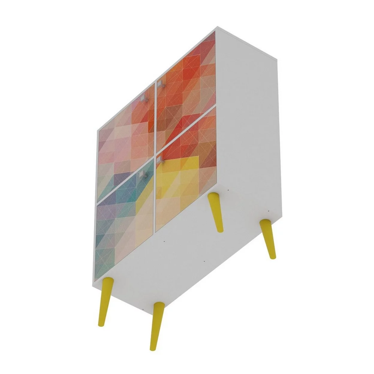 Avesta 45.28 Mid-Century Modern High Double Cabinet with Funky Colorful Design and Solid Wood Legs in White, Color Stamp