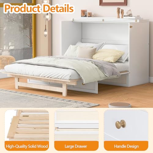 Full Size Murphy Bed,Multi-Functional Night & Day Furniture Murphy Cabinet Bed,with Large Drawers,Hidden Murphy Bed for Bedroom, Guest Room,White
