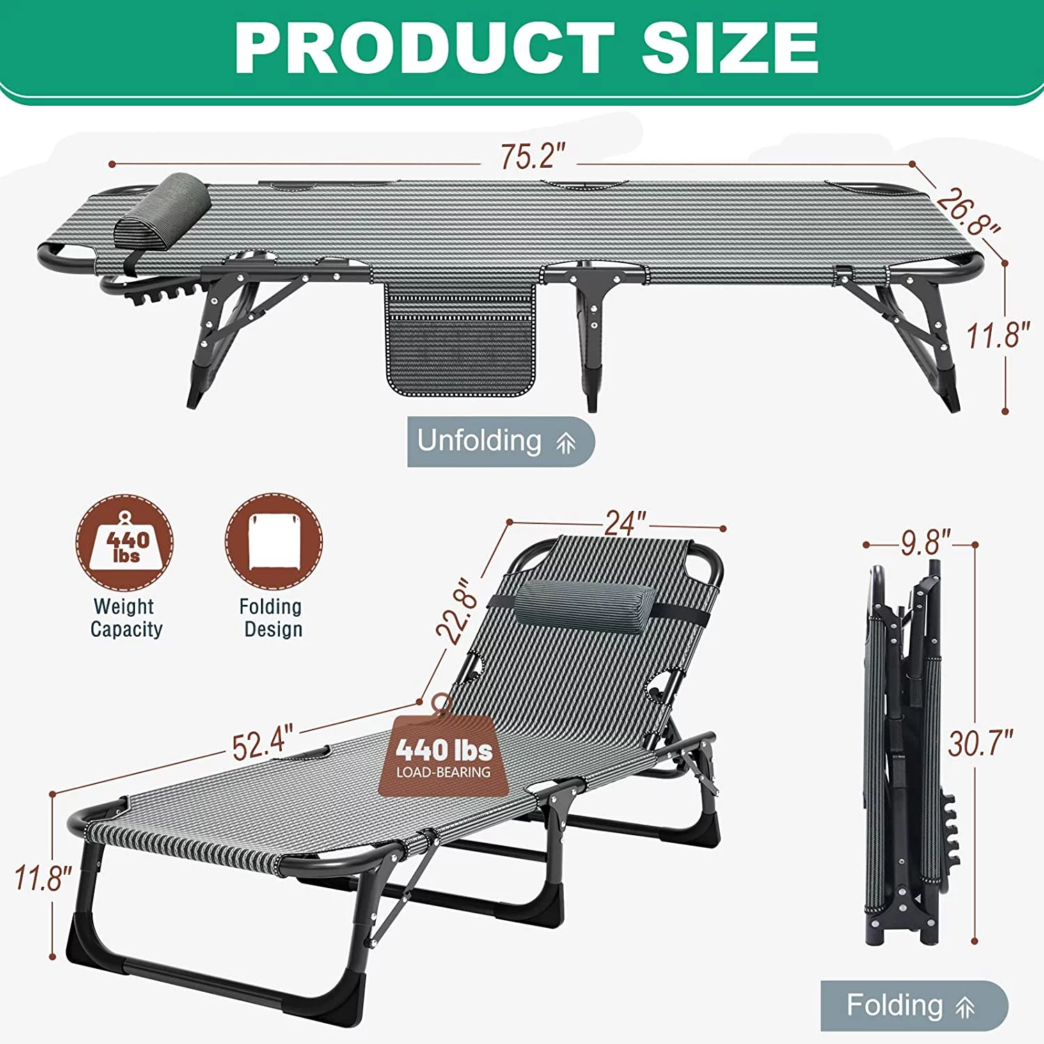 Slsy 4-Fold Folding Camping Cot with 2 Sided Mattress & Pillow, Adjustable 4-Position Folding Lounge Chair, Portable Sleeping Cots Bed