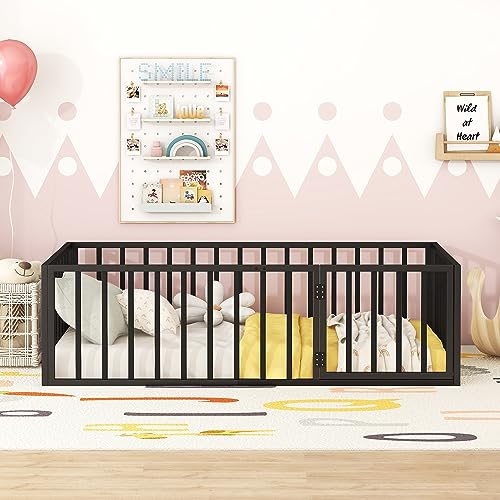 Bellemave Full Montessori floor bed,Floor Bed, Floor Bed with Door,Floor Bed for Baby,Metal Kids Floor Bed(Black).