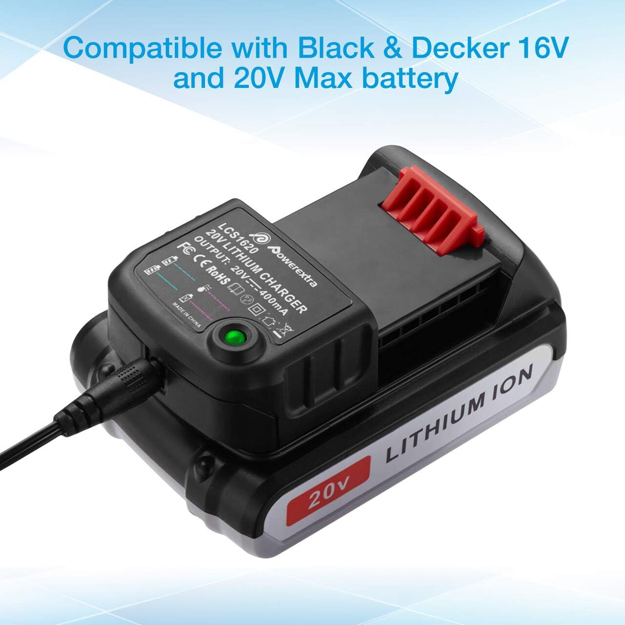 Powerextra 2 Pack LBXR20 Battery 3.0Ah Replace for Black and Decker 20V MAX + 20V Charger for Black Decker 20V MAX 20V Pack of 2