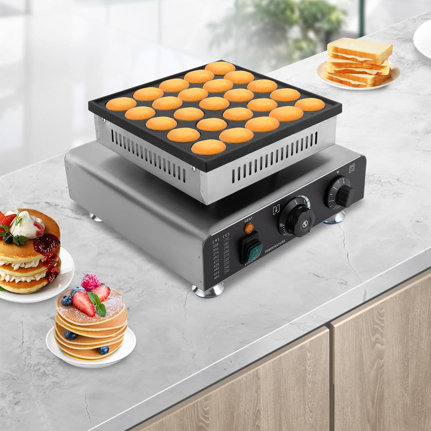 Mini Dutch Pancake Maker 25PCS, Commercial Non-stick Pancake Baker Machine 50-300℃ Electric Muffin Maker Stainless Steel for Home Kitchen, Cafe or Restaurant, 110V