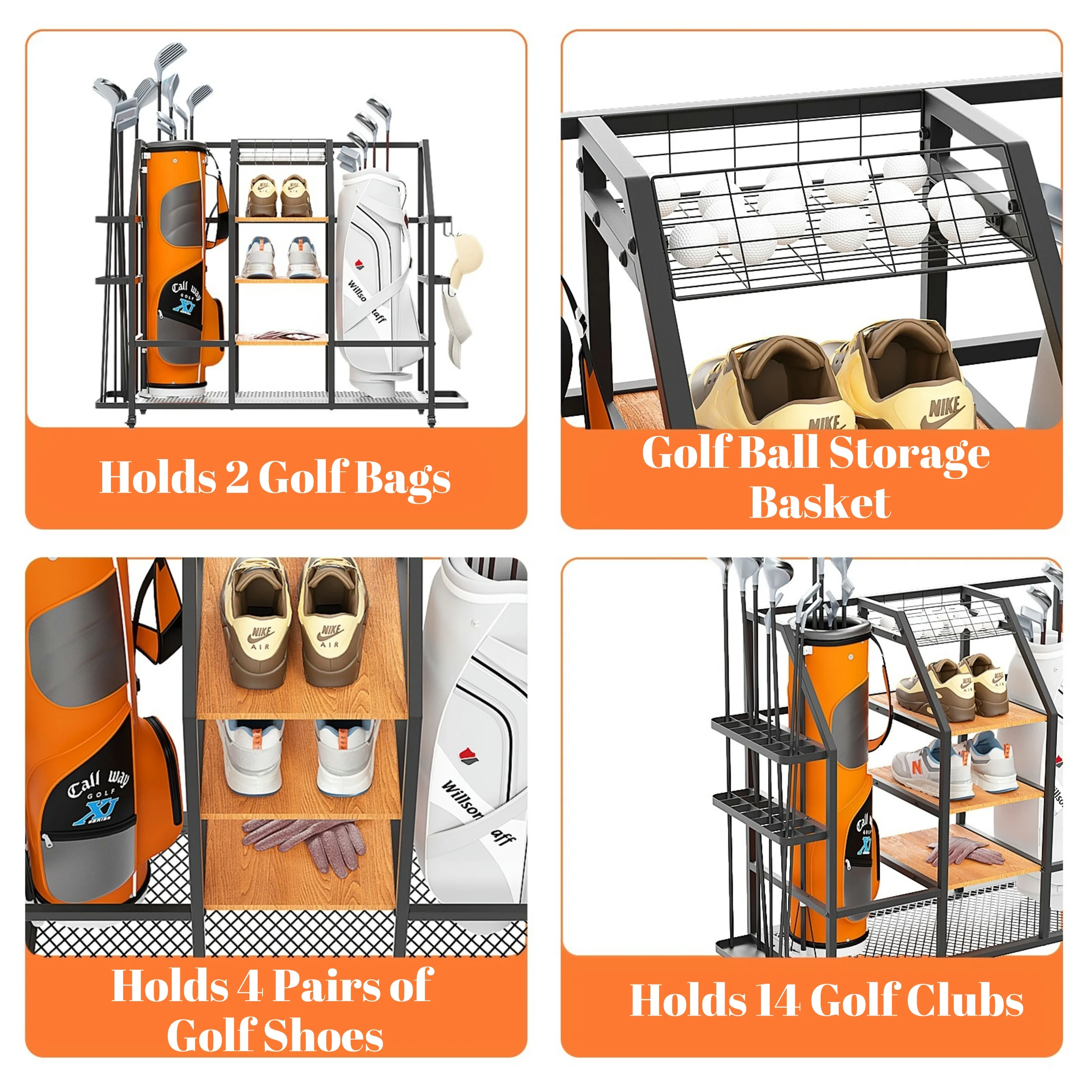 Uyoyous Extra Large Golf Bag Storage Rack, Golf Storage Organizer w/ Locking Wheels for Garage, Club and Basement