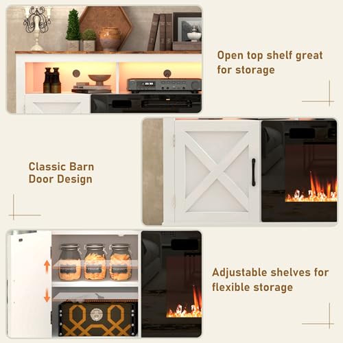 Farmhouse Fireplace TV Stand for 70/75/80 Inch TV, 32”Tall Entertainment Center w/ 36”Electric Fireplace & LED Light, 70”Media Console w/Barn Door Cabinet for Living Room, Grey