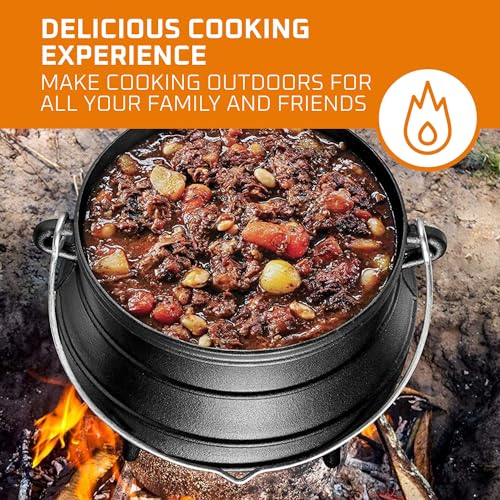 Bruntmor Pre-Seasoned Cast Iron Cauldron | African Potjie Pot with Lid | 3 Legs for Even Heat Distribution - Premium Camping Dutch oven Cookware for over-the-fire Cooking - 10 Quarts (X-Large)