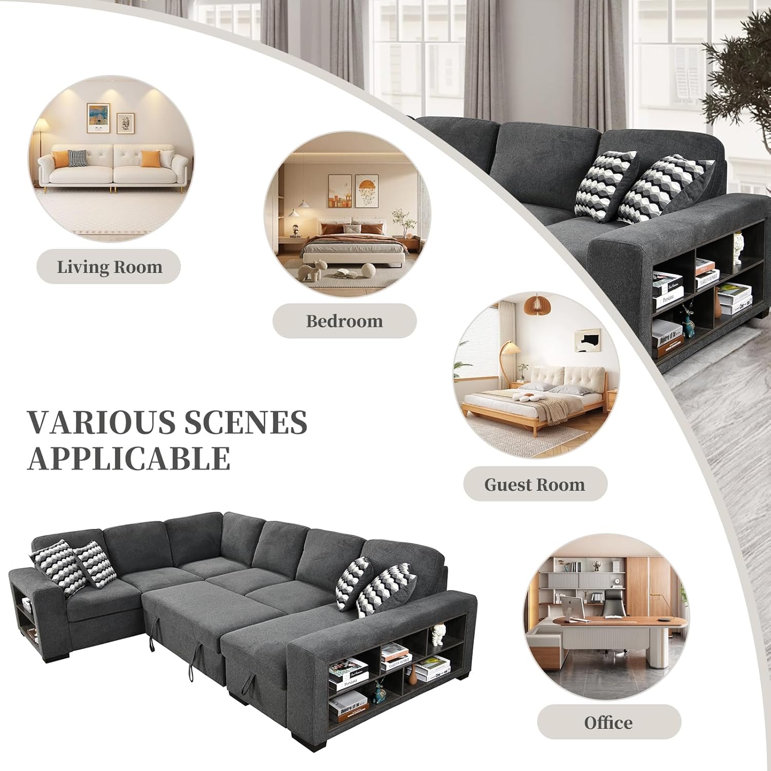 Sectional Modern Sofa Couch with Storage Cabinet 125" U Shape Oversized Sectional Sofa Bed Couches Adjustable Headrest Sleeper Sofa for Living Room,Large Space Dorm,Grey