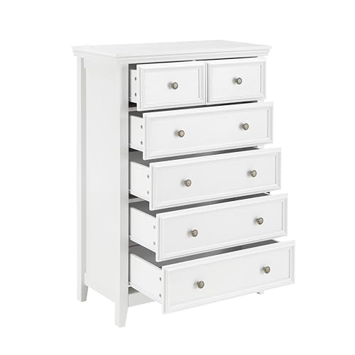 6 Drawer Dresser Chest with Slide Rails and Modern Metal Handles – Farmhouse & Modern Design, Wood Grain Tabletop, Anti-tipping Device, Multipurpose Storage Solution,White