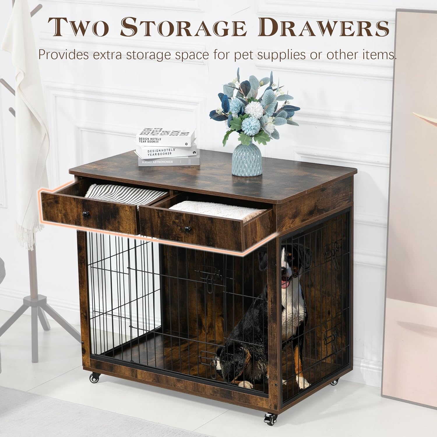 Yehha Cabinet Crate Furniture with Storage Drawer-Wheels, Wooden Kennel with 2 Doors, Steel-Tube Frame & Waterproof Table Top, Ider for Medium Small Large Dog, Brown, Full