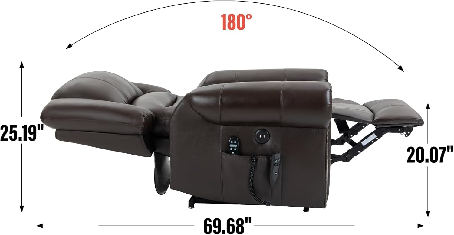 Power Lift Recliner Chair Heat Massage Dual Motor Infinite Position Up to 350 LBS, Genuine Leather, Heavy Duty Motion Mechanism with USB Ports, Brown