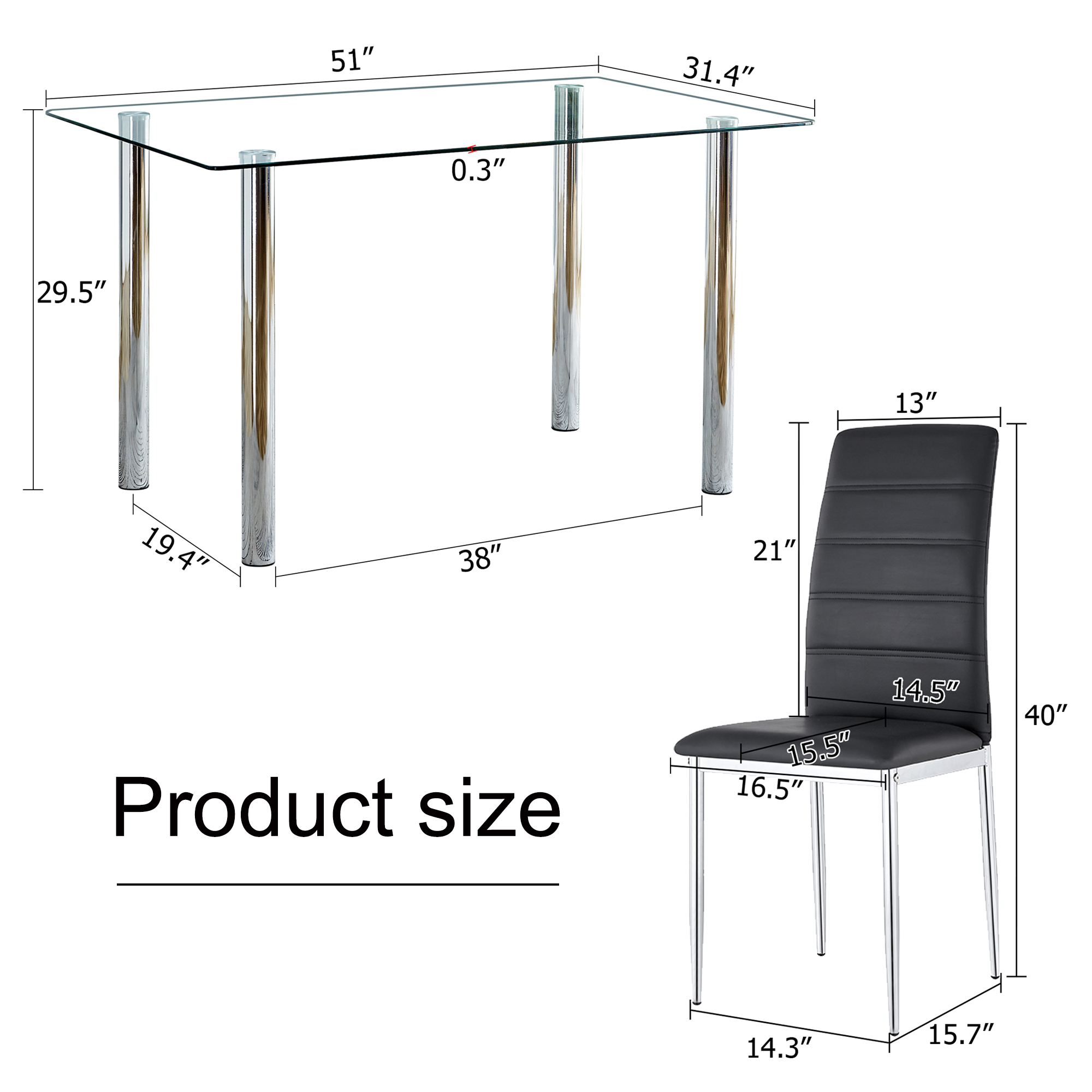 Atumon 5 Piece Glass Dining Table Set, Modern Dining Room Set for 4, Kitchen Dining Table with 4 Black PU Leather Chairs, Dining Table Set with Metal Legs for Dining Room Kitchen Apartment