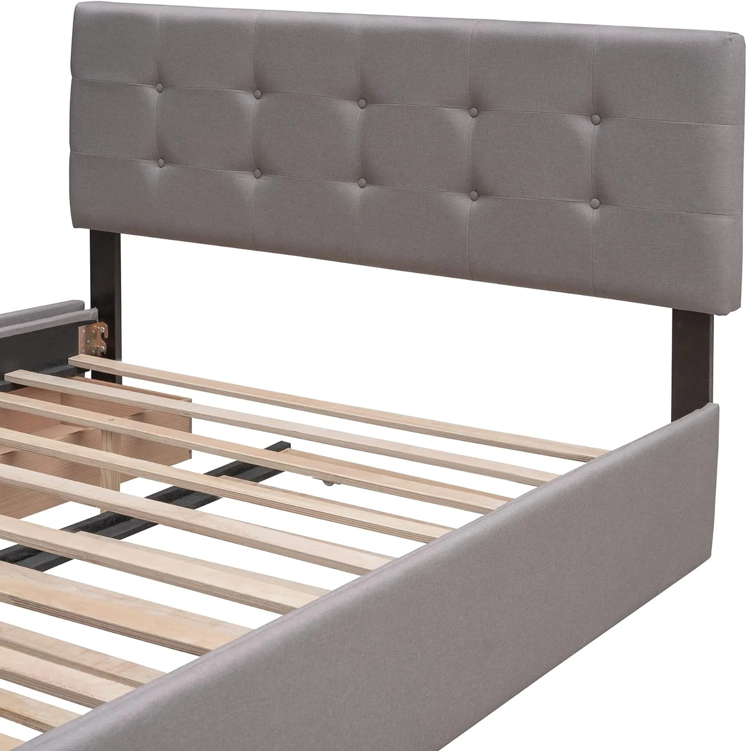 Quee Platform Bed Frame With XL Trudle Ad Drawers, Upholstered Storage Platform Bed With Headboard For Bedroom Guest Room, Lie Fabric, Light Gray