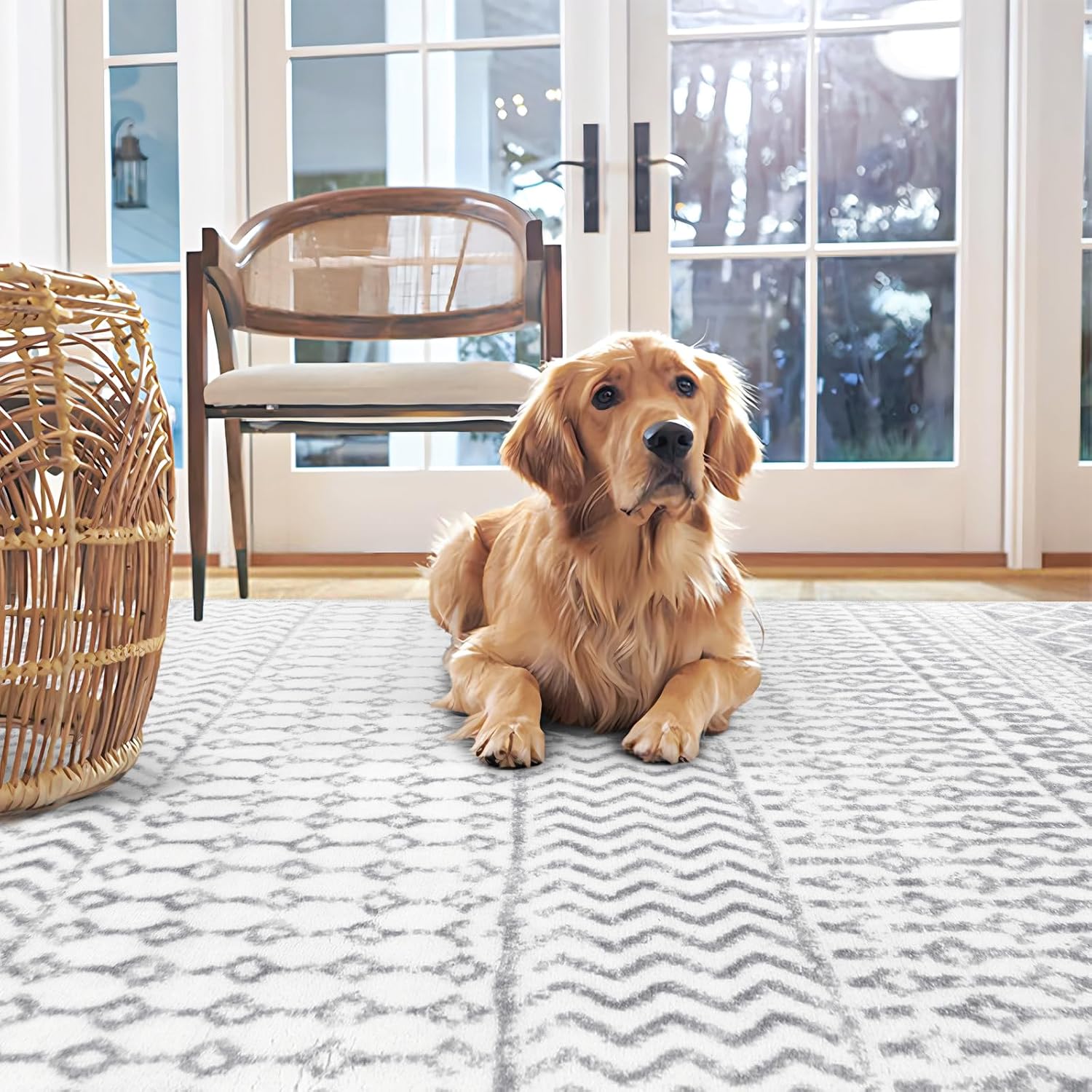 Moroccan Area Rug 8x10, Soft Non-Slip Living Room Large Rug, Low-Pile Washable Distressed Farmhouse Rug Indoor Floor Carpet for Bedroom Under Dining Table Home Office