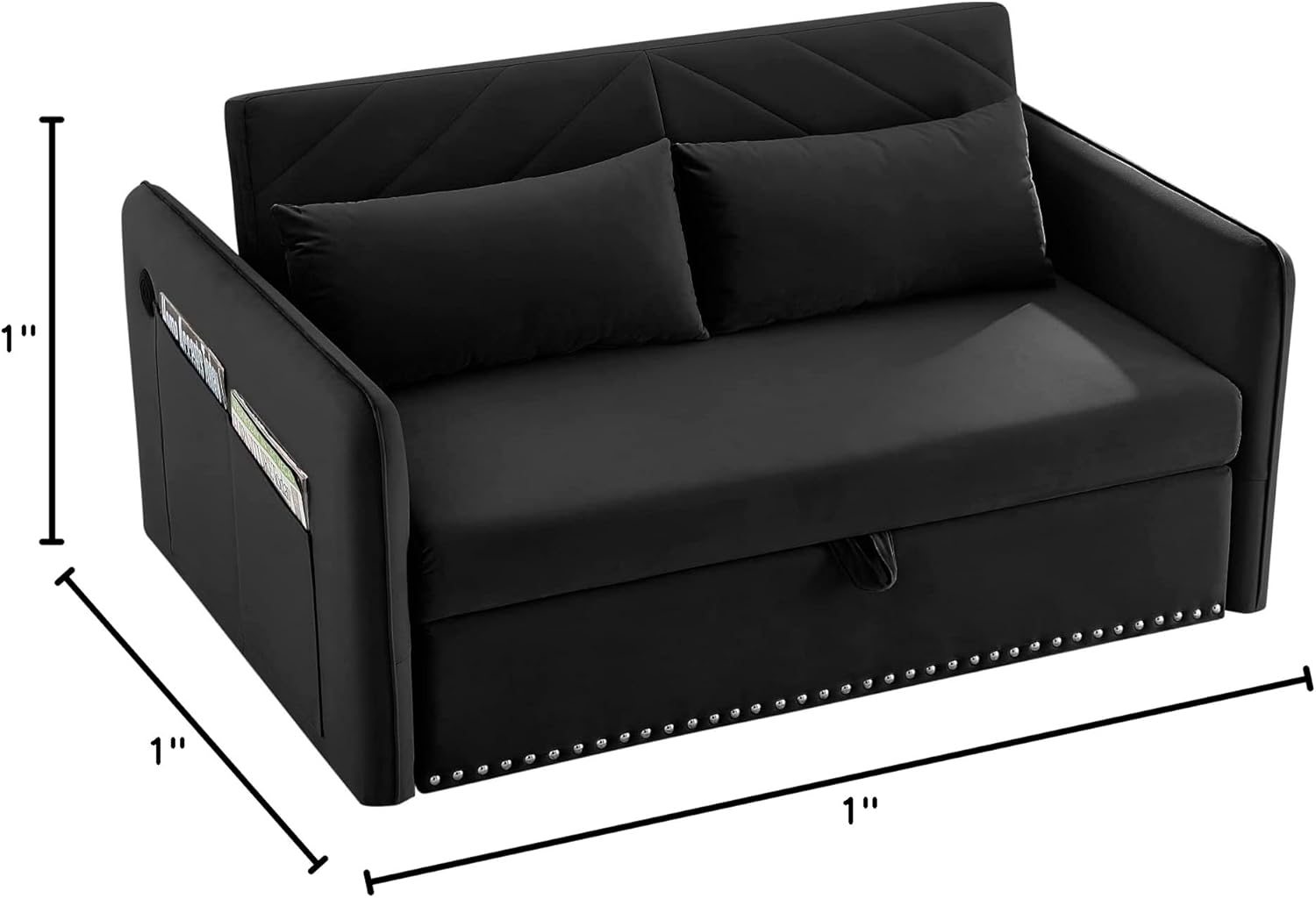 DHHU Convertible, 3 in 1 Velvet Loveseat Sleeper Sofas Couch with Pull Out Beds, Small Love seat with Adjustable Backrest, Lumbar Pillows & Side Pocket for Living Room, Black