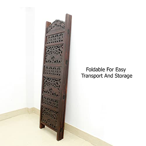 Room Divider Wood Screen - Ghanti Bells Antique Brown - 4 Panel Folding 72 x 80 - Assembled Hand Carved Decorative Functional Versatile Portable Partition Reversible Privacy Boho - COTTON CRAFT