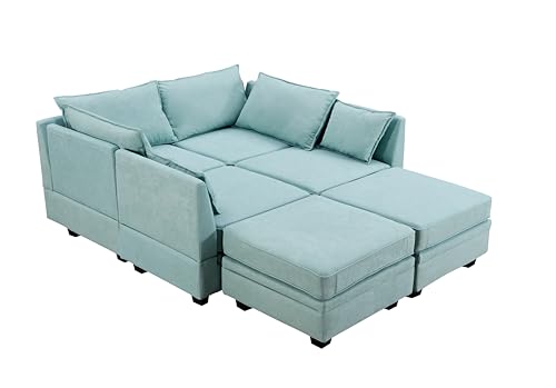 Loveseat U-Shape Sectional, Convertible Bed Chaise for Living Room with Ottomans Reversible Modular Sofa 6 Seater Couch with Storage Seat, Green