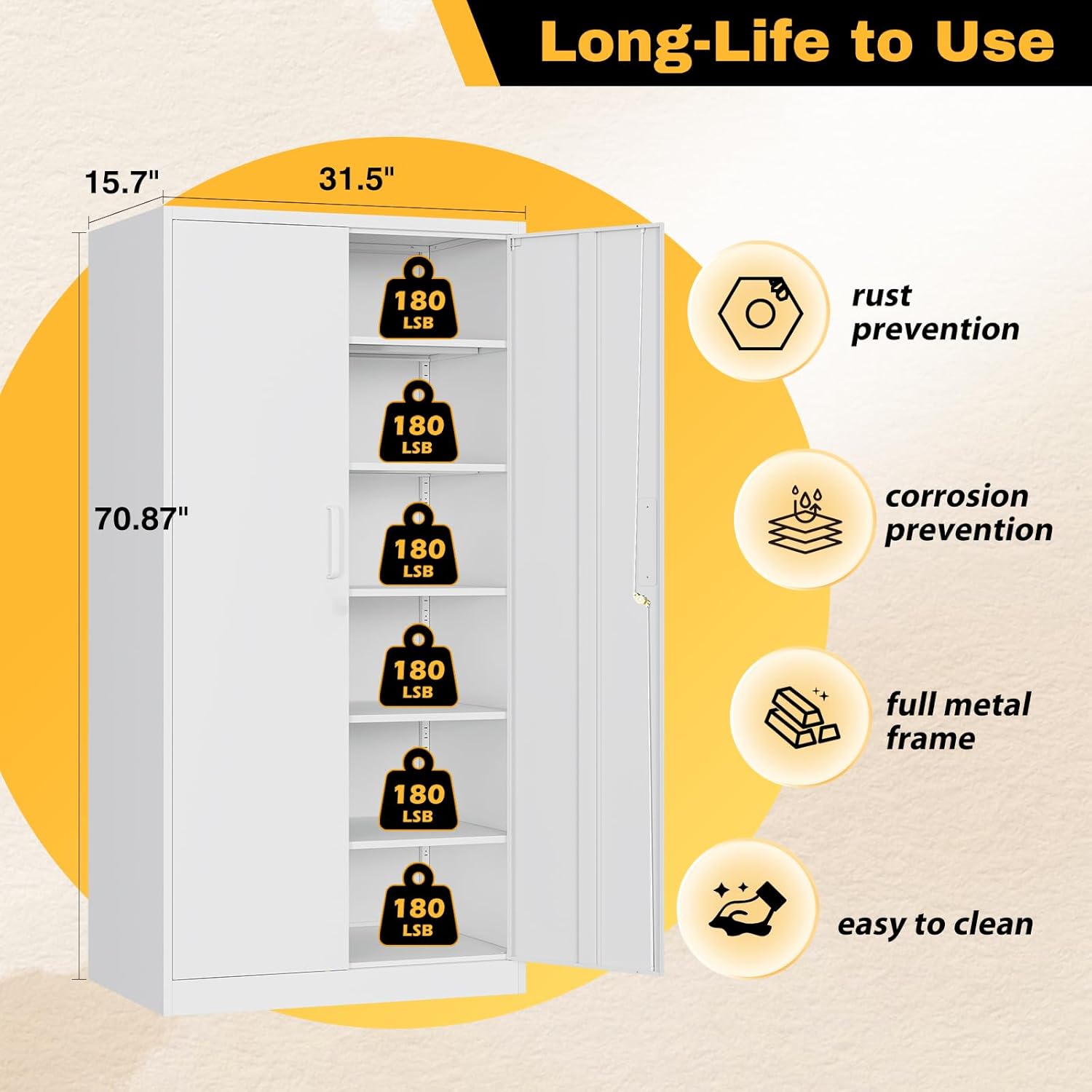 Metal Storage Cabinet with Lock，71'' Garage Storage Cabinet with 5 Adjustable Shelves, Tall Tool Cabinets for Garage, Home, Office, Gym, School，White