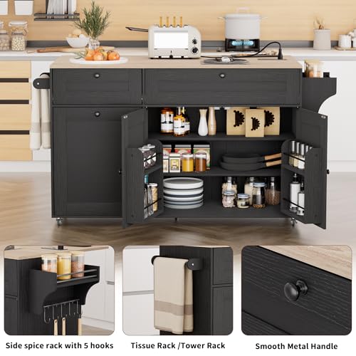 Kitchen Island on Wheels with Storage and Power Outlet, Kitchen Island with Trash Can Storage Cabinet and Drop Leaf, with Spice Rack & Towel Rack, Rolling Island Cart for Kitchens (Black)