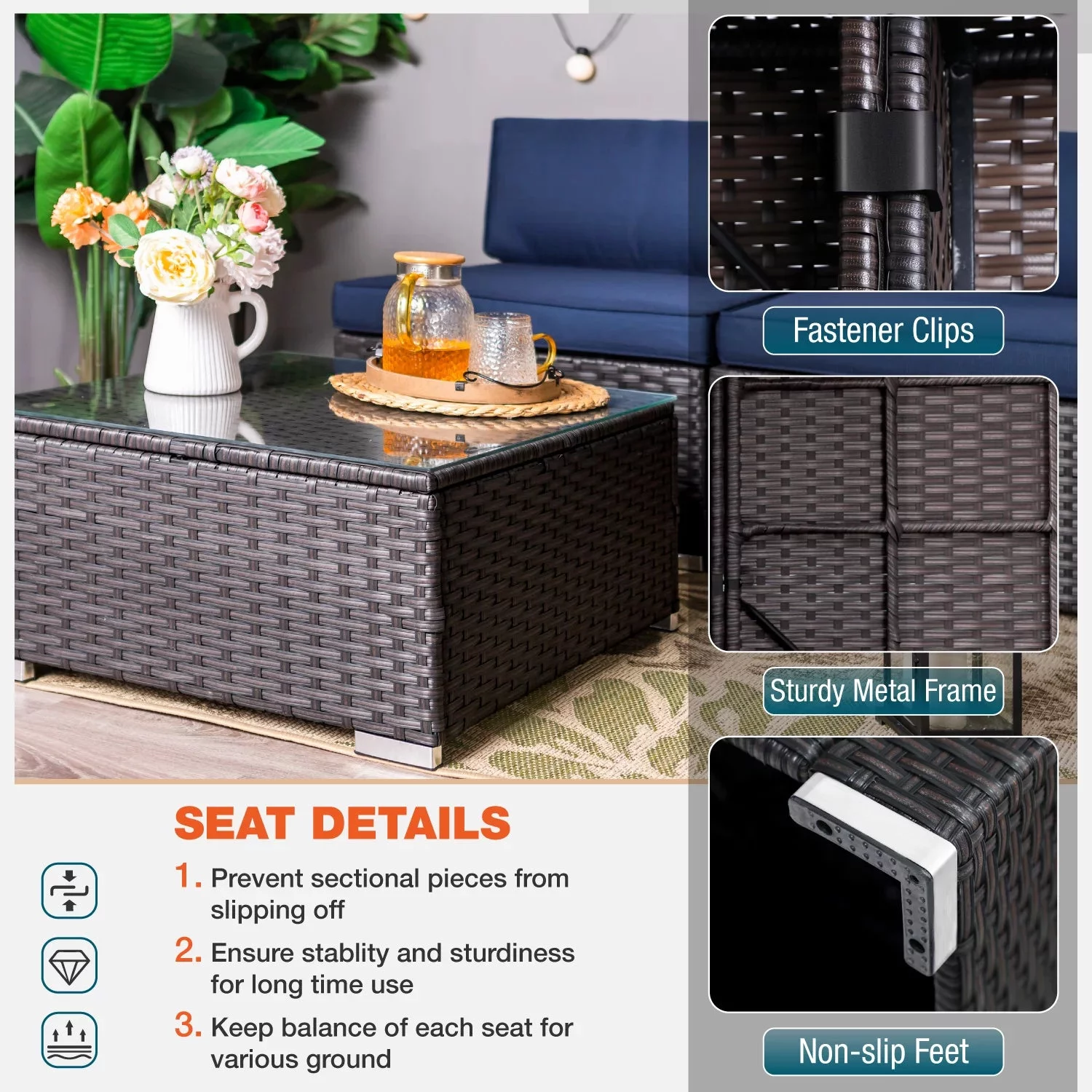 MF Studio 7 PCS Outdoor Patio Furniture Set with Fire Pit Table Wicker Patio Conversation Set  for 5 Person Navy Blue