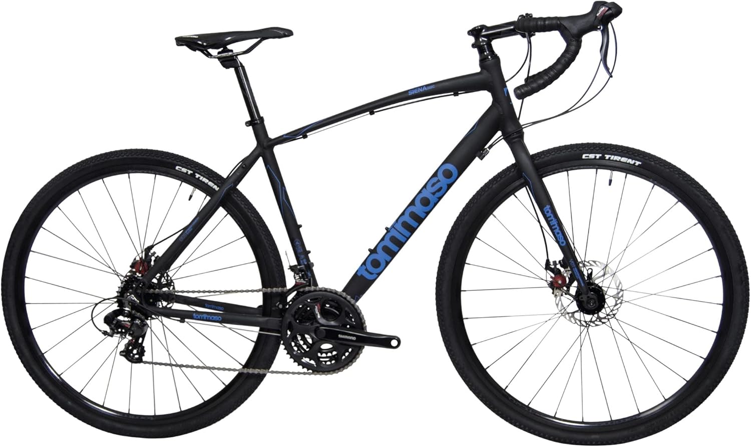 Tommaso Siena Gravel Bike, Shimano Tourney Adventure Bike with Disc Brakes, Extra Wide Tires, Perfect for Road Or Dirt Touring, Matte Black, Blue