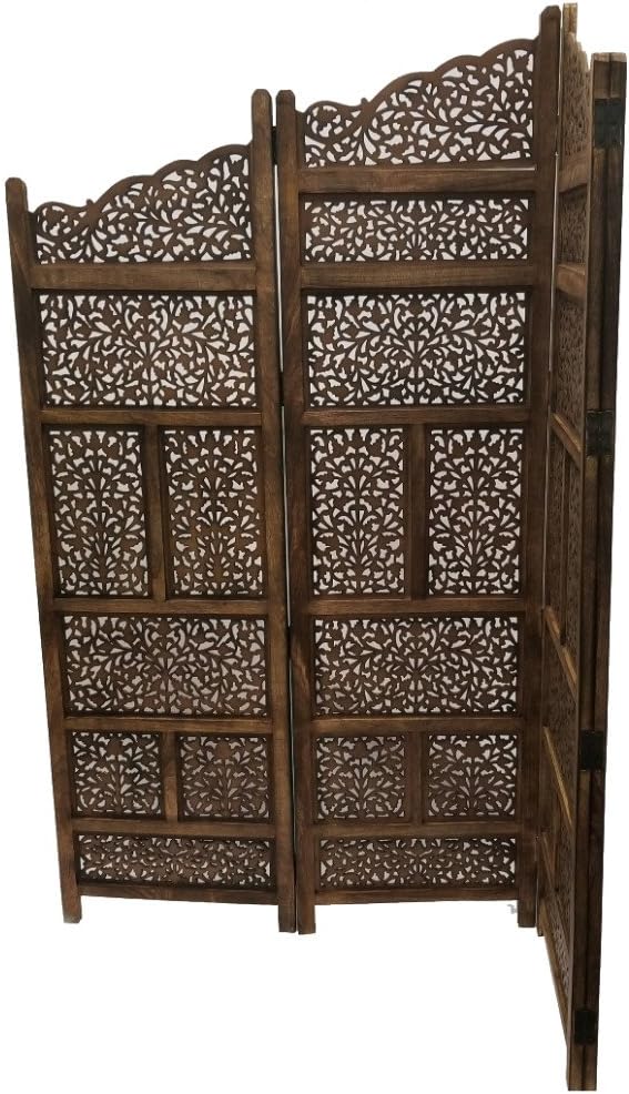 Benjara BM01875 Hand Carved Foldable 4-Panel Wooden Partition Screen/Room Divider, Brown