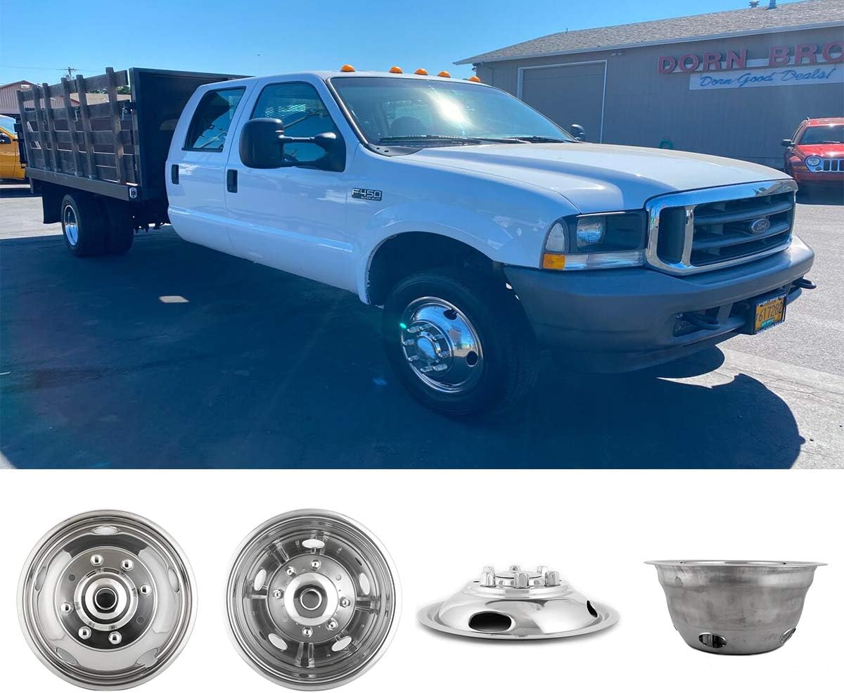 Deebior 4pcs 17inch Polished Stainless Steel Dually Wheel Simulators, Nice looking and Durable Bolt On Wheel Cover, 8 Lug 4 Hand Hole Hubcaps Fit for 2005-2021 Ford F350 with Installation Tool Kit A8P