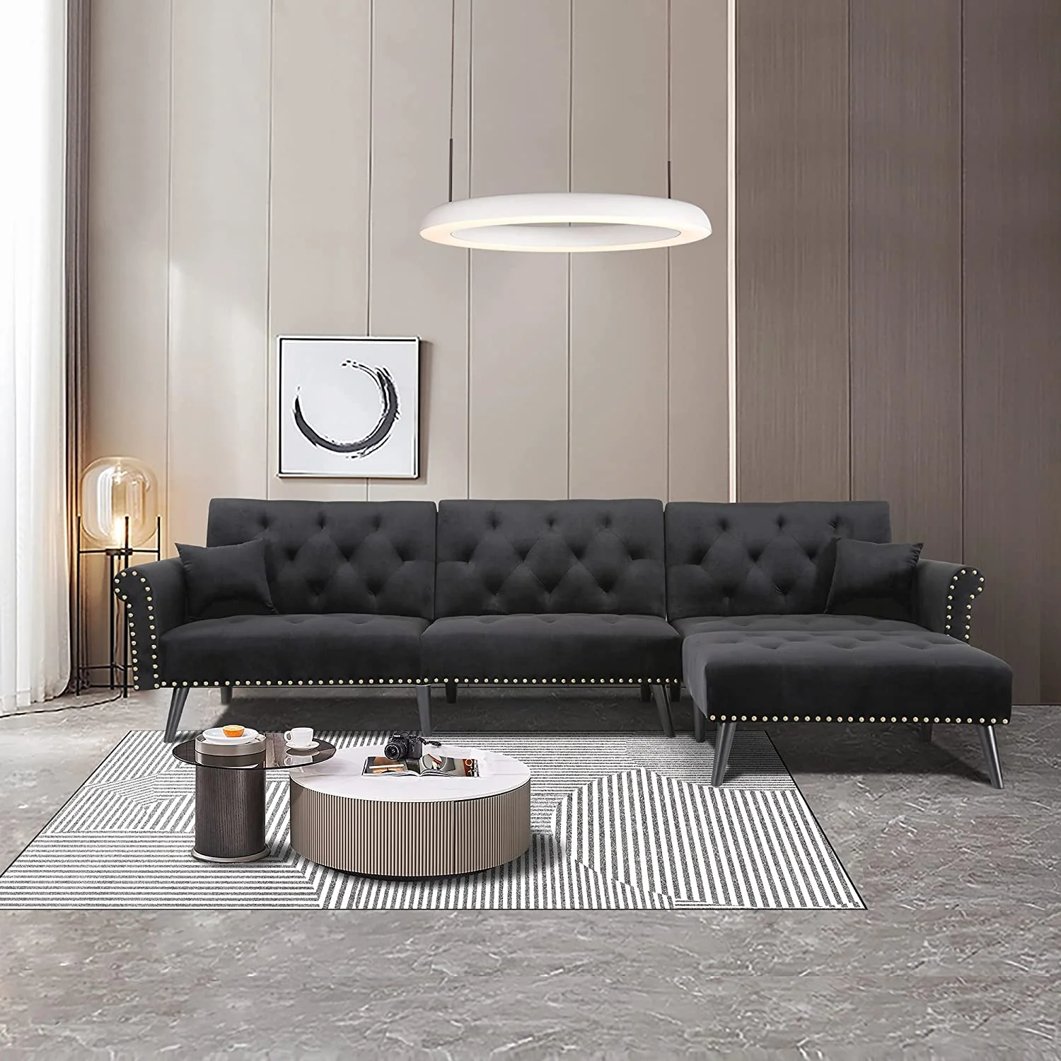 Convertible Sectional Sofa L Shape Couch Sleeper Bed Black Velvet with Wood Legs for Living Room Furniture