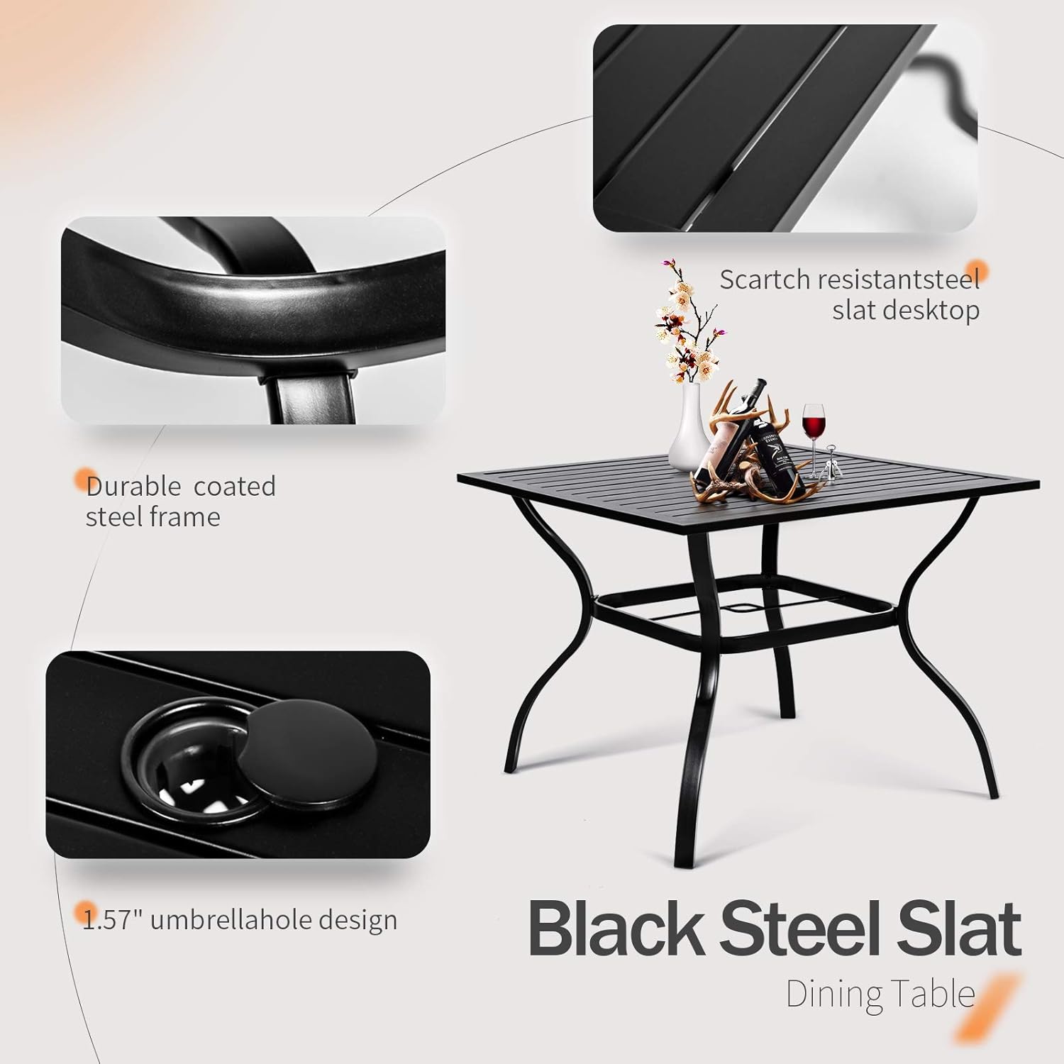SUNCROWN 5-Piece Outdoor Wrought Iron Chairs and Table Patio Dining Furniture Set - 4 Stackable Metal Chairs and 1 Square Steel Slat Bistro Table with 1.57" Umbrella Hole for Backyard Garden Deck