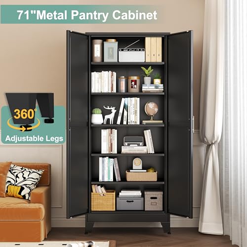 Metal Pantry Cabinet with 2 Doors and 5 Adjustable Shelves, 75" Kitchen Storage cabinets with Gold Handles, Versatile Storage for Laundry Room, Living Room, Bathroom, Dinning Room, Utility Room-White
