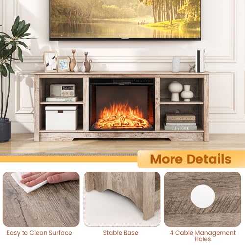 COSTWAY Electric Fireplace TV Stand for TVs up to 75 Inches, 1500W Heater Insert with Remote Control, 3 Flame Colors, 70-inch Wooden Entertainment Center with Adjustable Shelves, Black