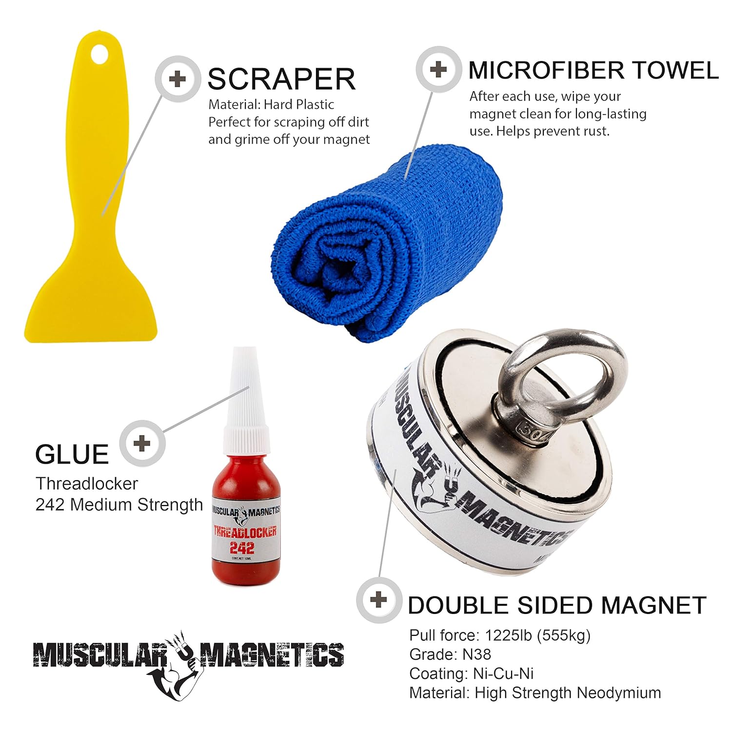 1225lb Double Sided Fishing Magnet Bundle Pack - Includes 1225lb Super Strong Double Sided Neodymium Magnet, with Two Eyebolts, Durable Scraper, Cleaning Cloth & Threadlocker (Single Kit) Pack of 2