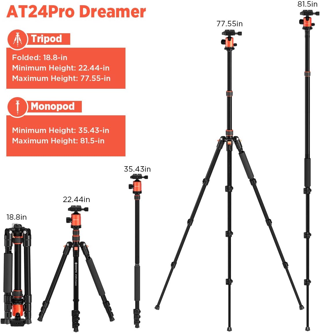 GEEKOTO 77'' Tripod, Camera Tripod for DSLR, Compact Aluminum Tripod with 360 Degree Ball Head and 8kgs Load for Travel and Work