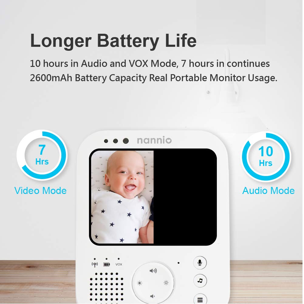 nannio Hero2 Video Baby Monitor with Camera and Audio, Two-Way Talk, Auto Night Vision, Voice Activation, 5 Lullabies, 985ft Range, Long Battery Life, Non-WiFi, Baby Shower Gifts, 2 Years Warranty