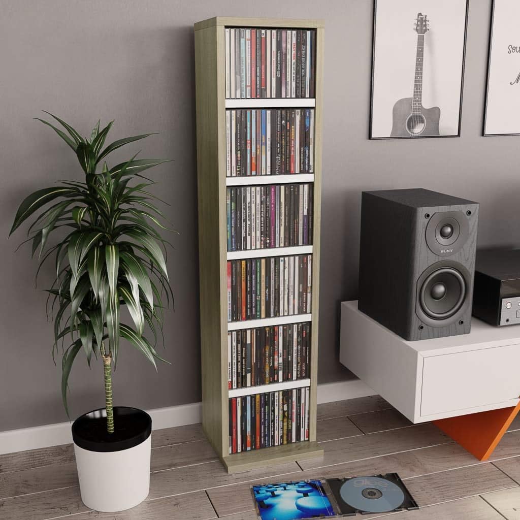 Keyur Media Cabinet, Media Storage Tower Cube Storage Shelf CD Cabinet White and Sonoma Oak 8.3"x9"x34.6" Chipboard Pack of 2