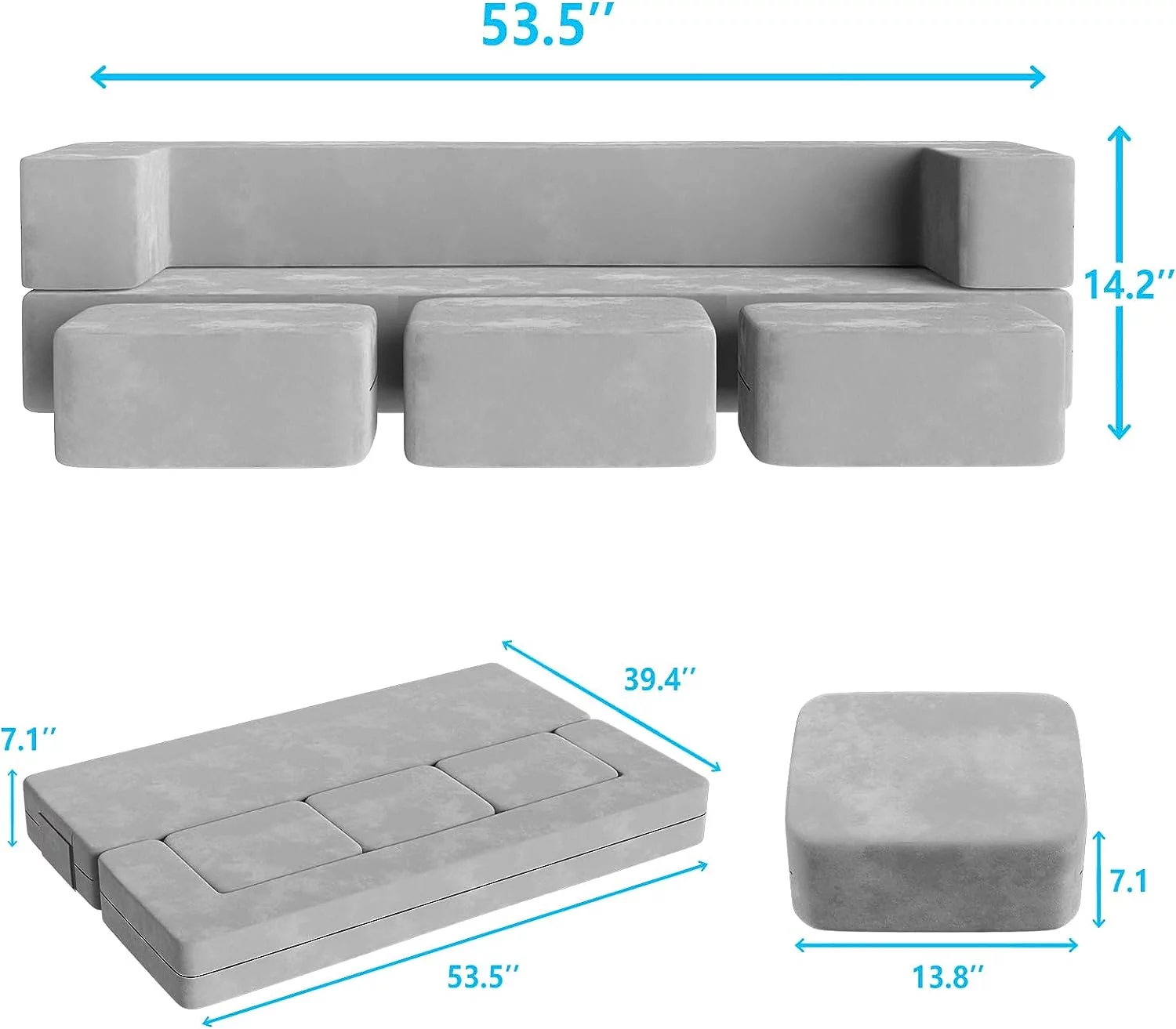 Kids Couch with 3 Ottomans, Wanan Toddler Couch for Playroom Bedroom, 5 in 1 Modular Kids Couch Fold out Sofa Kids Floor Sofa for Toddler and Baby, Play Couch Sofa for Kids, Gray