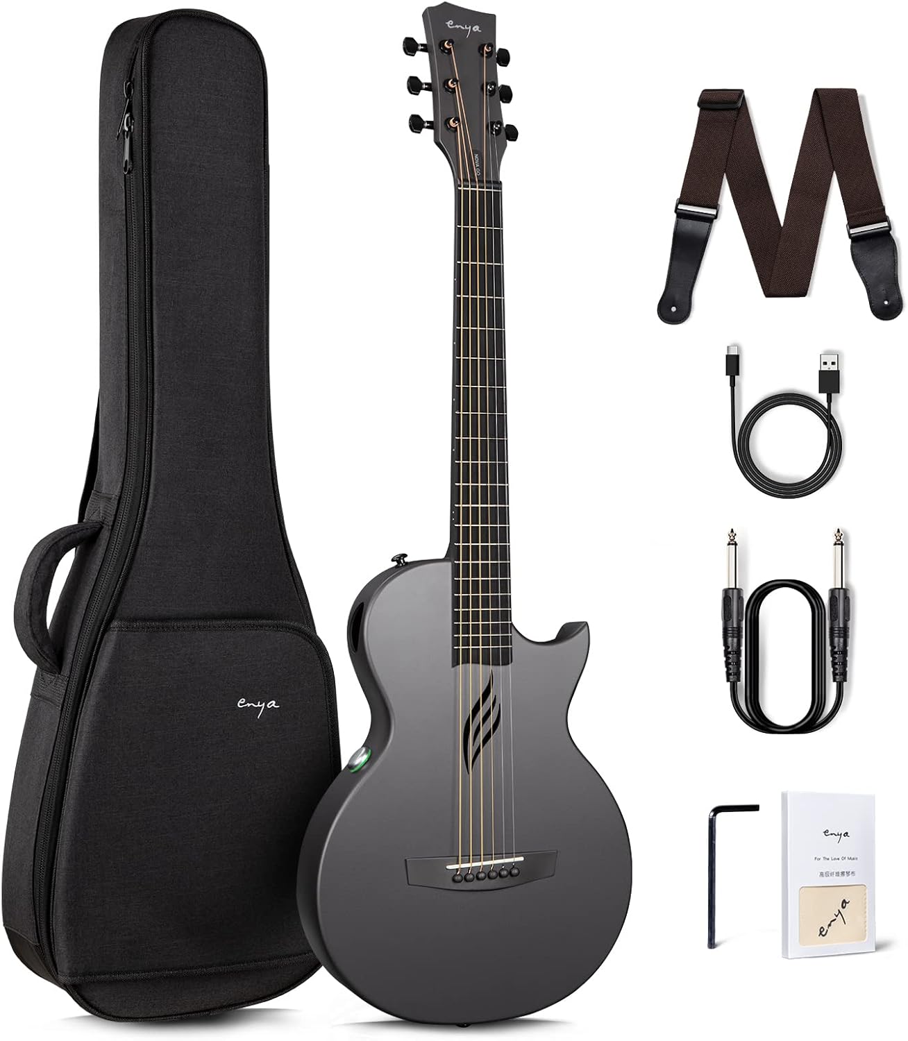 Enya NOVA Go SP1 Carbon Fiber Acoustic Electric Guitar with Smart AcousticPlus 35 Inch Travel Acustica Guitarra Starter Bundle Kit(Black) & Enya Smart Automatic Guitar Tuner & Wireless Guitar System