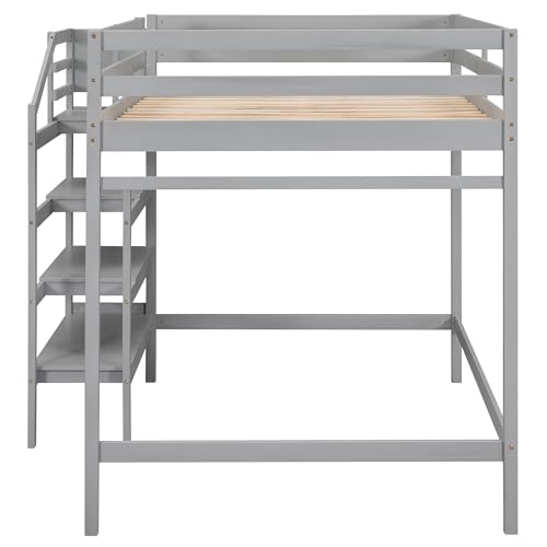 Harper & Bright Designs Full Loft Bed with Staircase and Storage Wardrobe, Wooden Full Size Loft Bed Frame with Storage Shelf, High Full Loft Beds for Kids Boys Girls Teens Dorm Bedroom (Full, Gray)