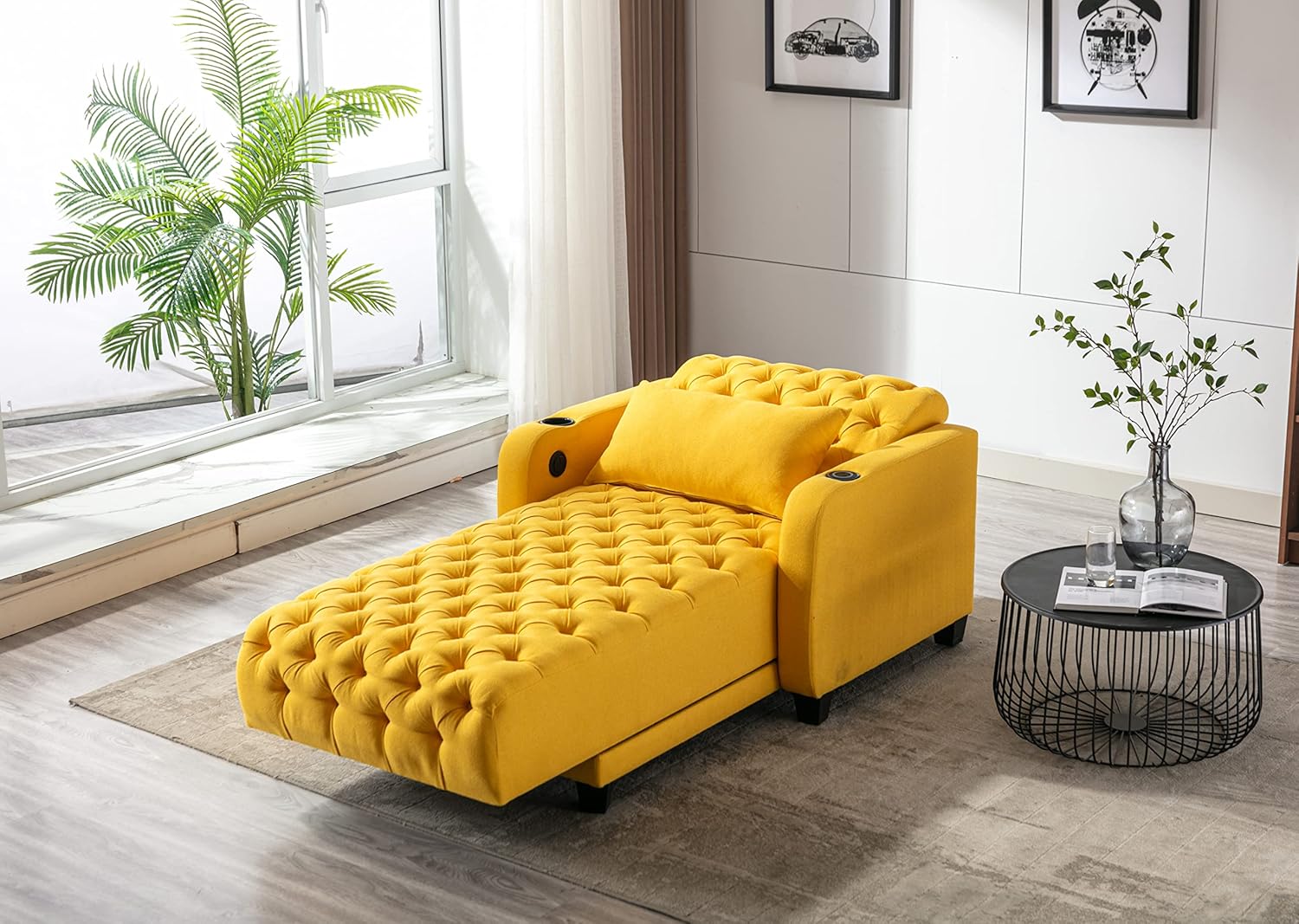 Casual Chaise Lounge Indoor, Button Tufted Upholstered Single Sofa Bed with Pillow, Adjustable Backrest Sleeper Couch Recliner Chair for Bedroom, Living Room, Apartment, Yellow